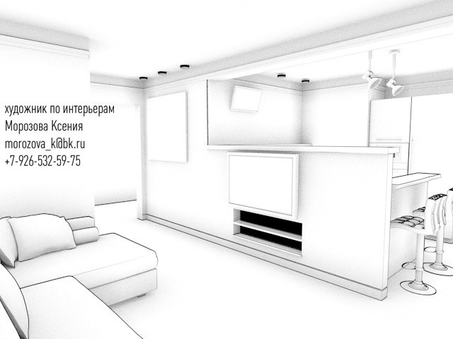 ЭСКИЗ ГОСТИНОЙ. ВИД НА КУХНЮ И ЧАСТЬ ПРИХОЖЕЙ