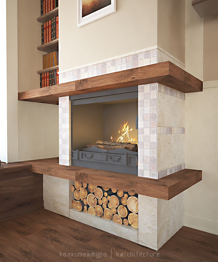 Камин в гостиной. Загородное домовладение из двух сообщающихся коттеджей.