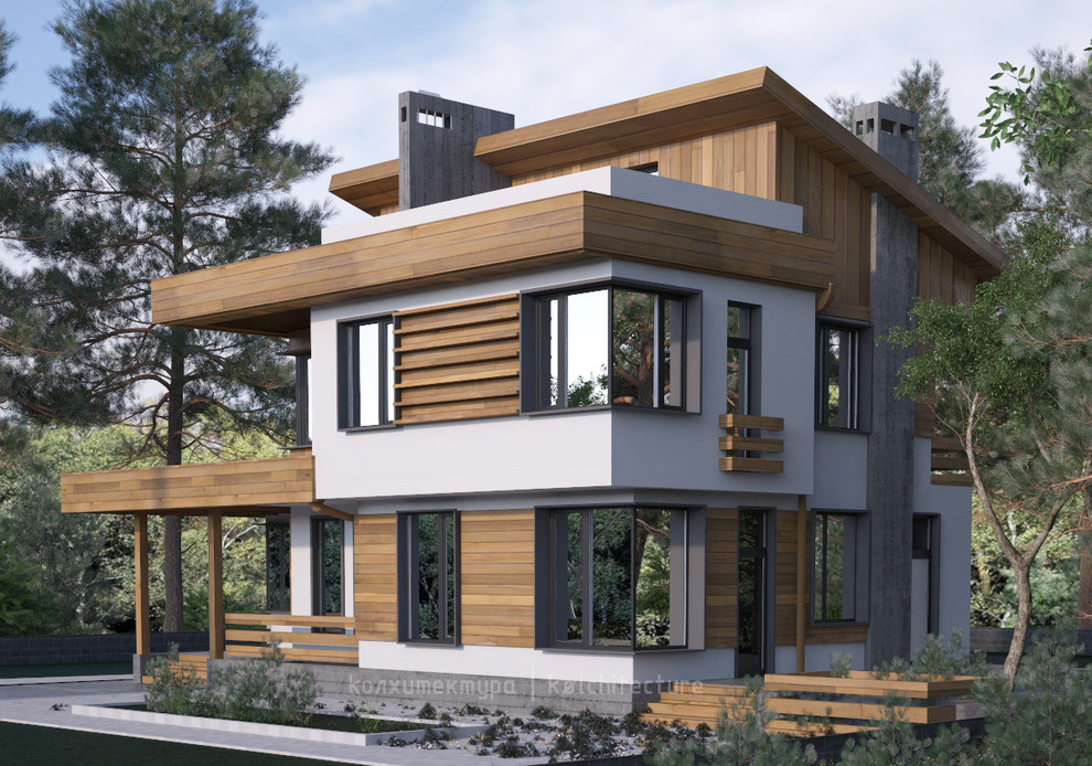 Фасад Юго-восточныйЗагородное домовладение из двух сообщающихся коттеджей.