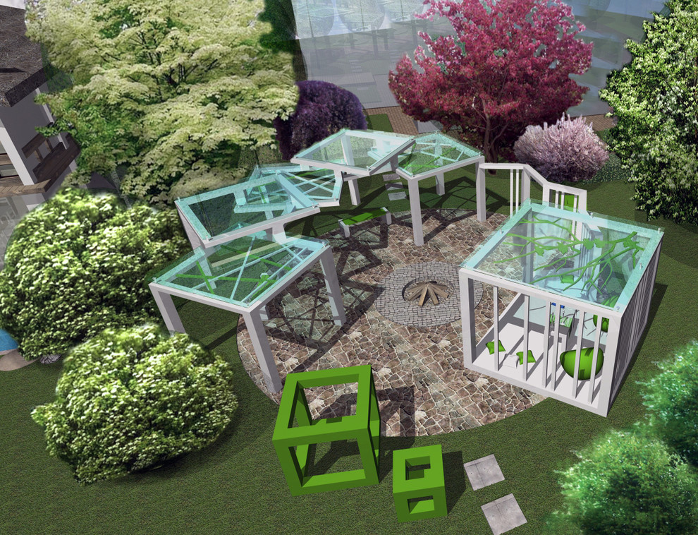 Зона отдыха с беседками, перголами, навесами вокруг кострища.Визуализация