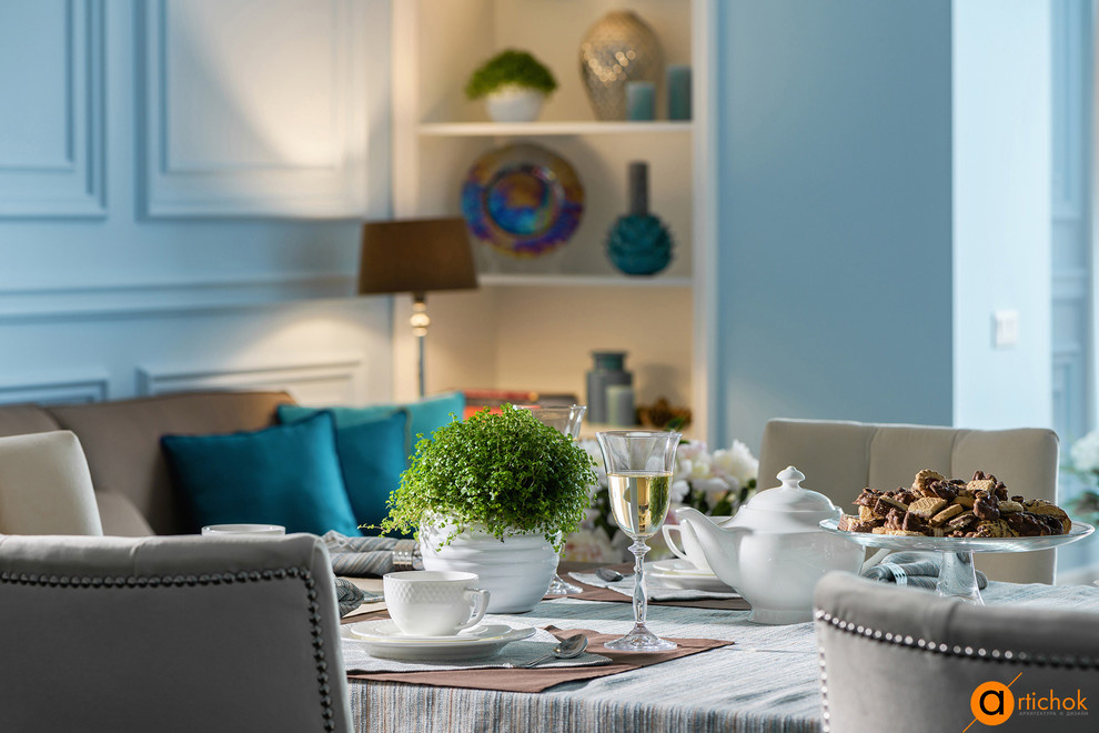 Кухня-столовая в синем цвете