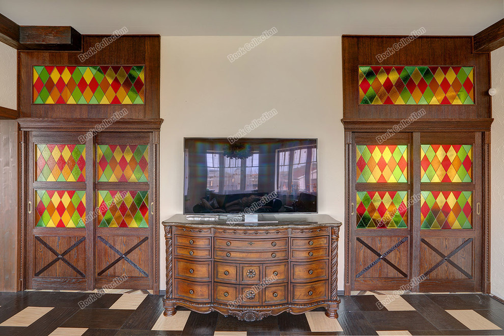 Стеллаж - перегородка из массива и шпона с раздвижными дверьми в коттедж