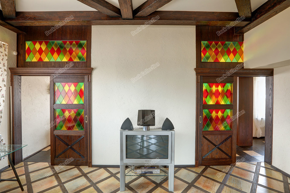 Стеллаж - перегородка из массива и шпона с раздвижными дверьми в коттедж