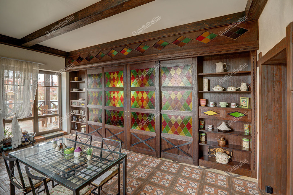 Стеллаж - перегородка из массива и шпона с раздвижными дверьми в коттедж