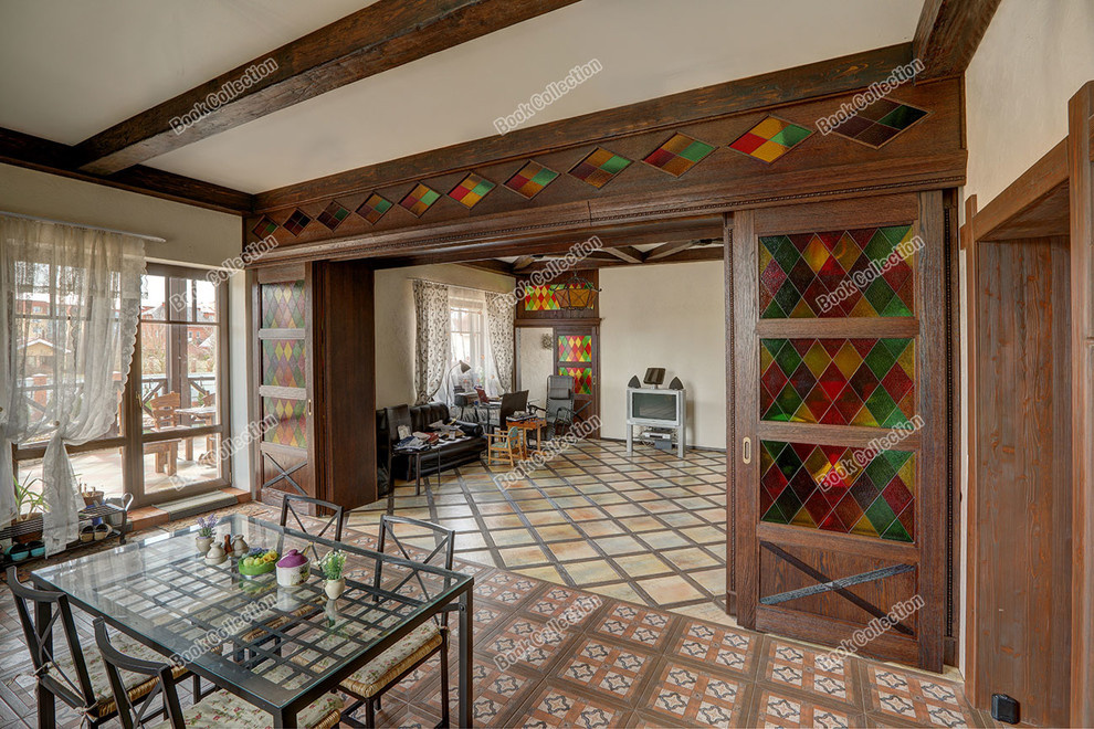 Стеллаж - перегородка из массива и шпона с раздвижными дверьми в коттедж