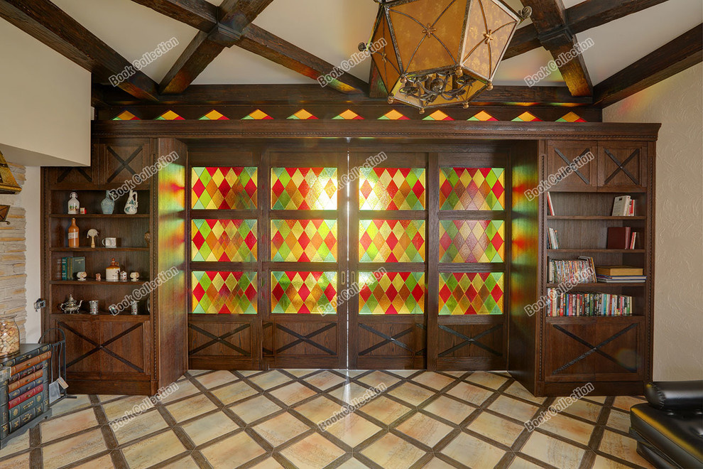 Стеллаж - перегородка из массива и шпона с раздвижными дверьми в коттедж