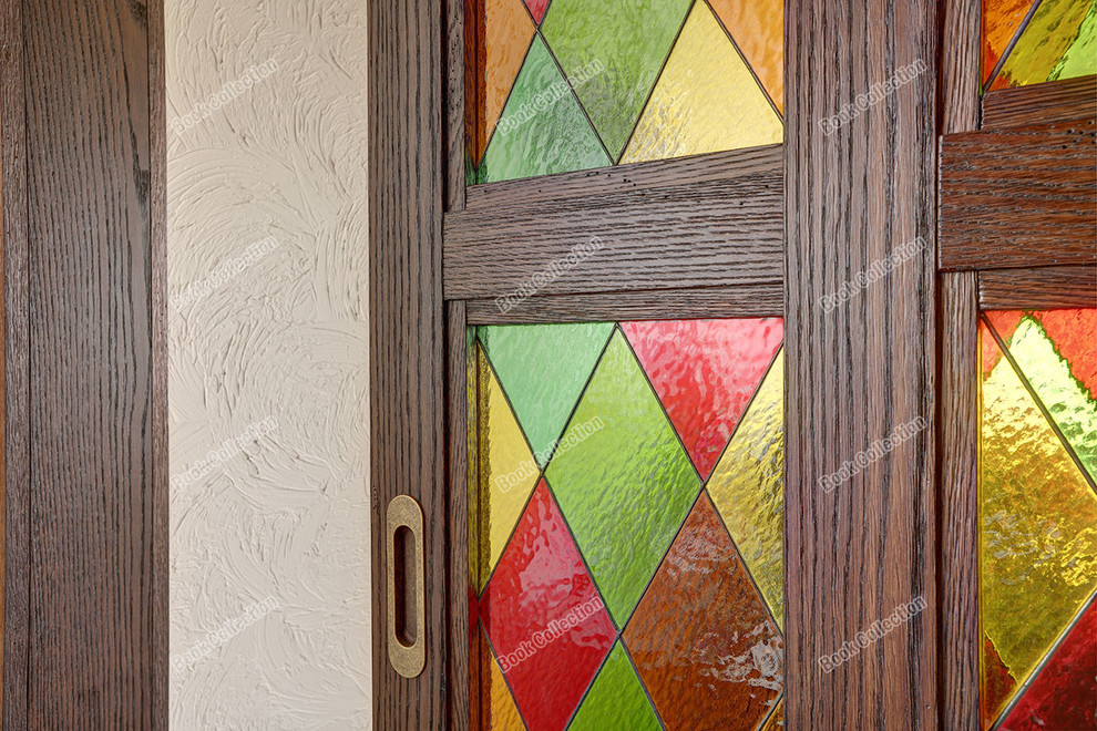 Стеллаж - перегородка из массива и шпона с раздвижными дверьми в коттедж