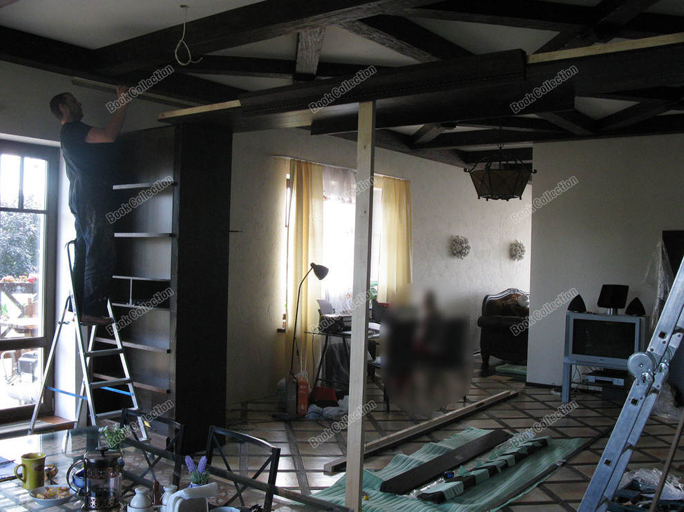 Стеллаж - перегородка из массива и шпона с раздвижными дверьми в коттедж