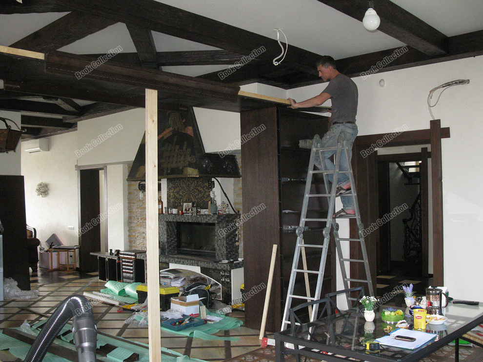 Обложка проекта: Стеллаж - перегородка из массива и шпона с раздвижными дверьми в коттедж