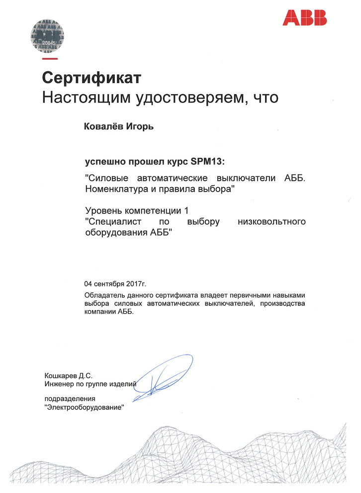 Повышение квалификации в учебном центре компании ABB.