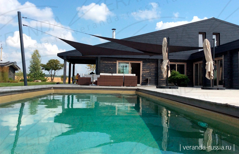 Стильный навес для летней террасы с бассейном