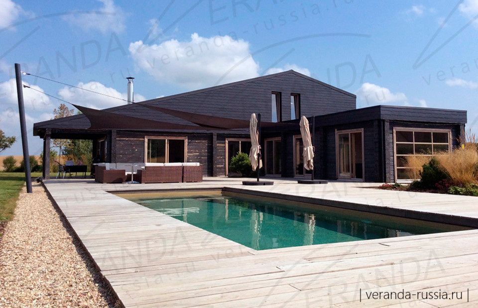 Стильный навес для летней террасы с бассейном