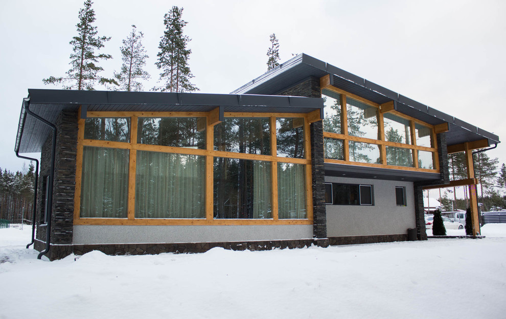 Каменные стены + фахверк остекление