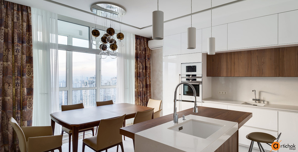 Кухня-столовая в белом цвете - стиль минимализм