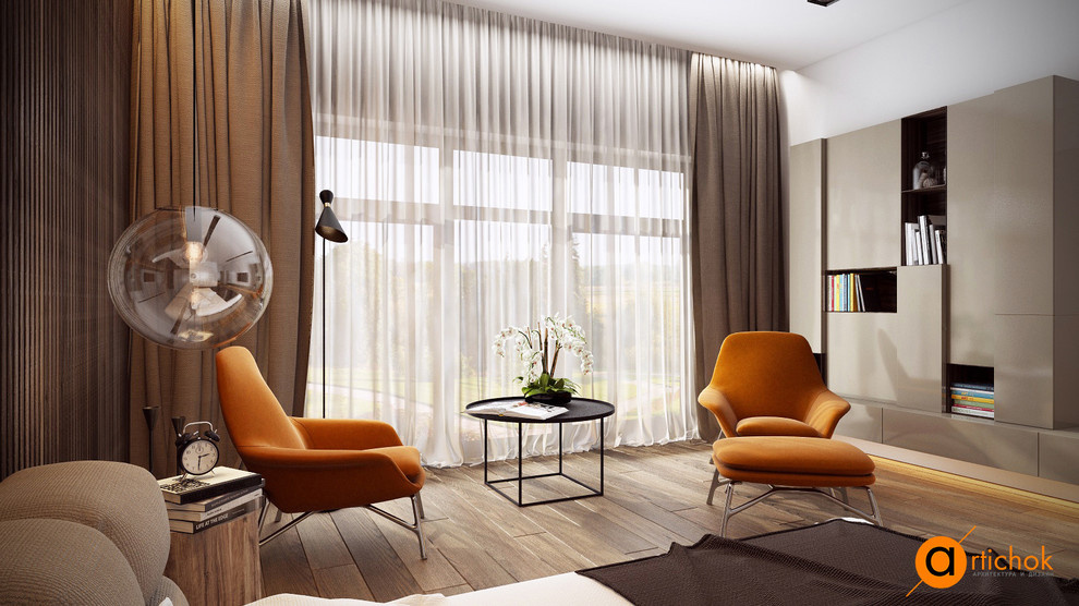 Оранжевая мебель и природные цвета – спальня в эко стиле