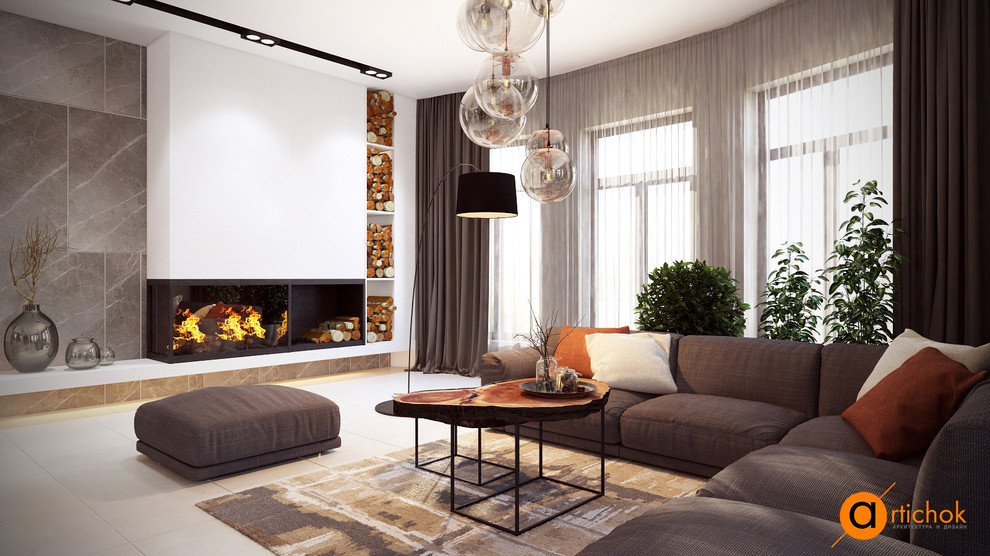 Дизайн интерьера гостиной с камином