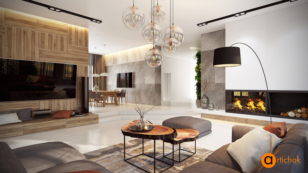 Гостиная с камином в эко стиле идеи