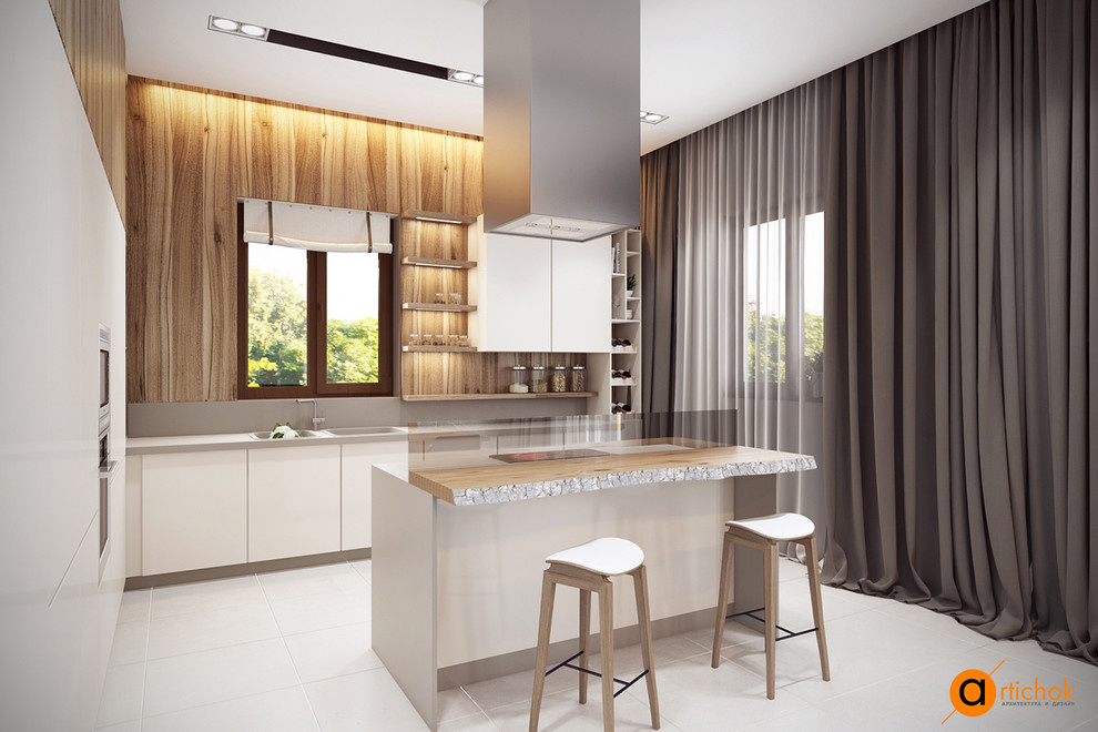 Кухня в эко стиле с белыми фасадами