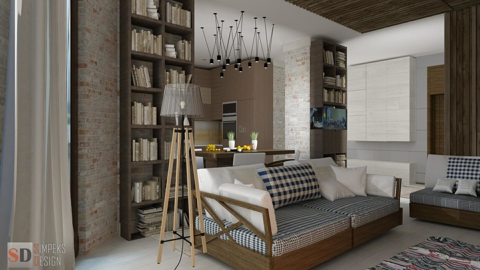 Simple design of the two- level penthouse.Loft style or kitsch.