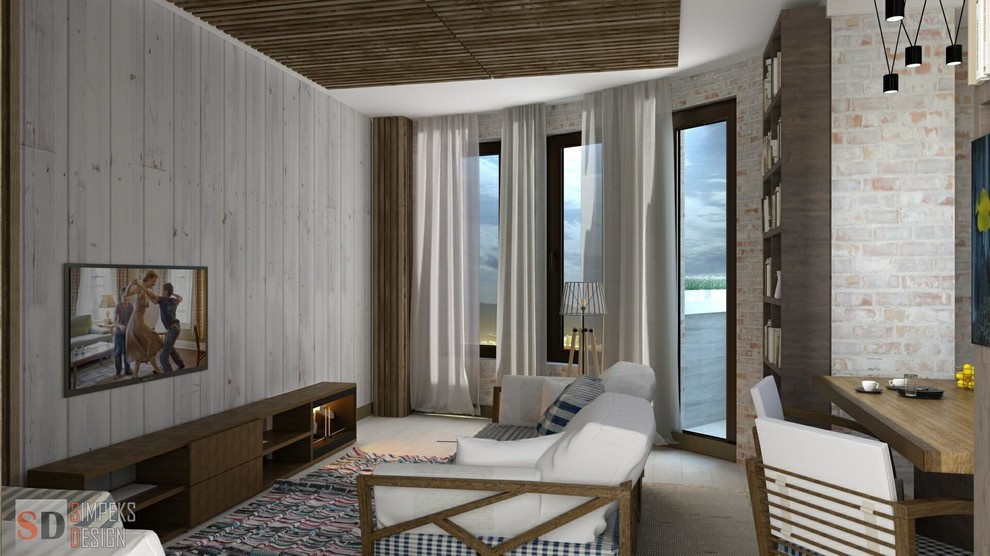 Simple design of the two- level penthouse.Loft style or kitsch.
