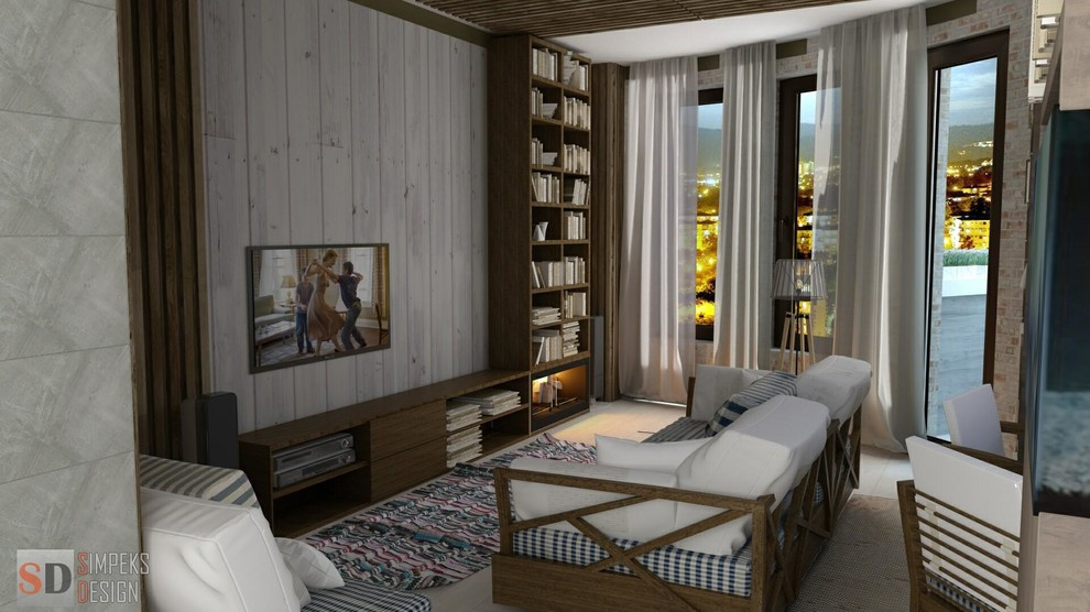 Simple design of the two- level penthouse.Loft style or kitsch.