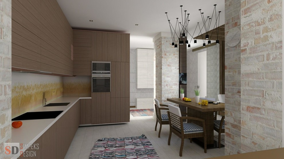 Simple design of the two- level penthouse.Loft style or kitsch.