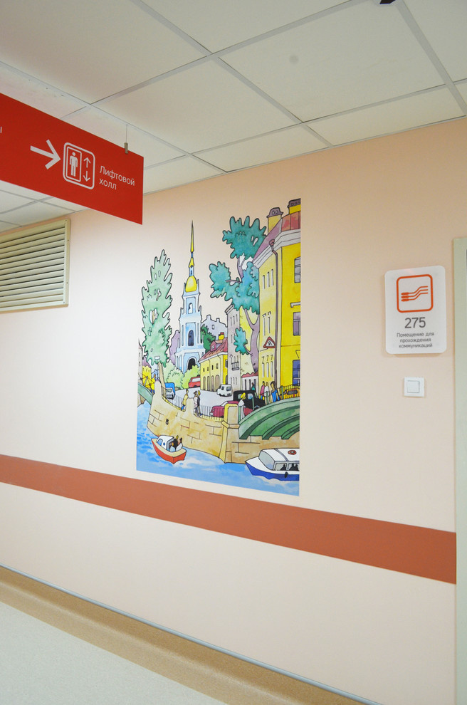 Оформление фрагментарными фотообоями коридора центра им. В.А. Алмазова