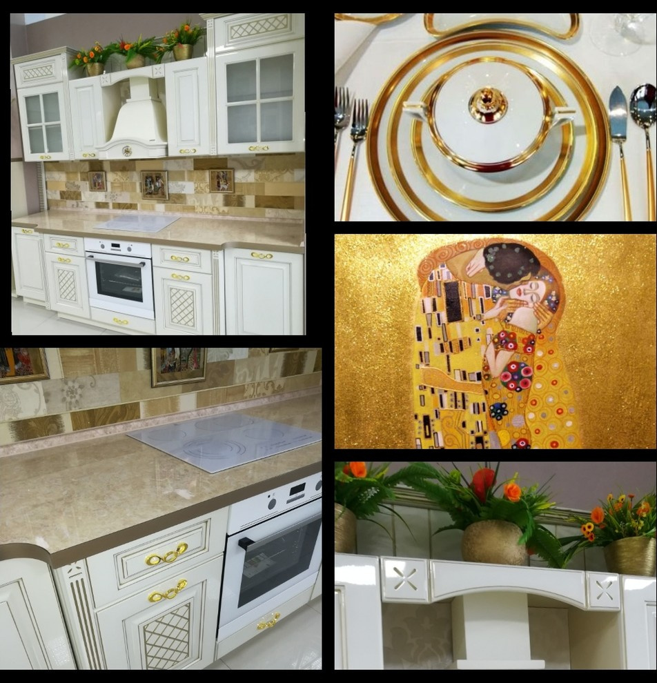 Кухня цвета слоновая кость в глянце с золотой патиной