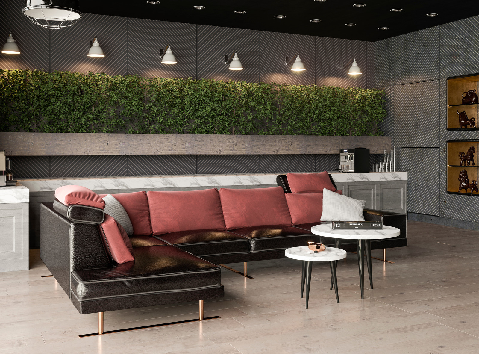 Визуализация дивана в зоне отдыха холла офисного помещения.