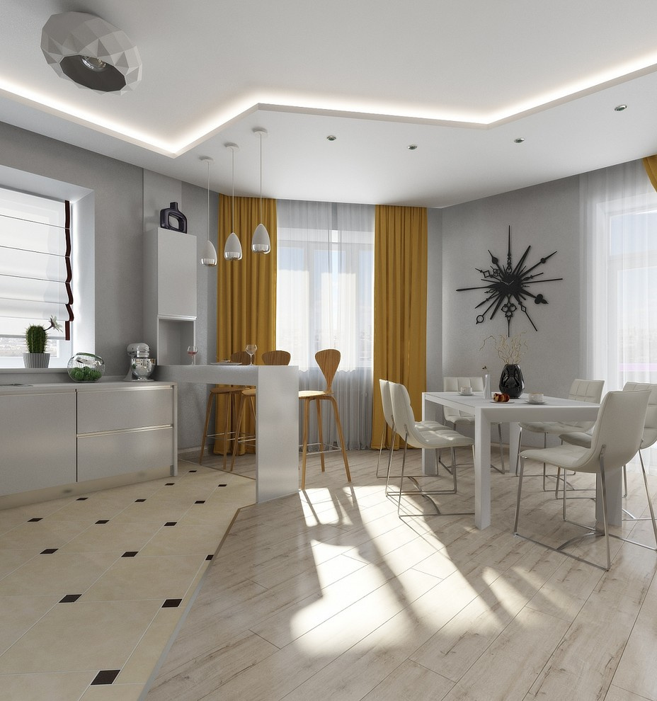 Современная квартира с большим круглым диваном