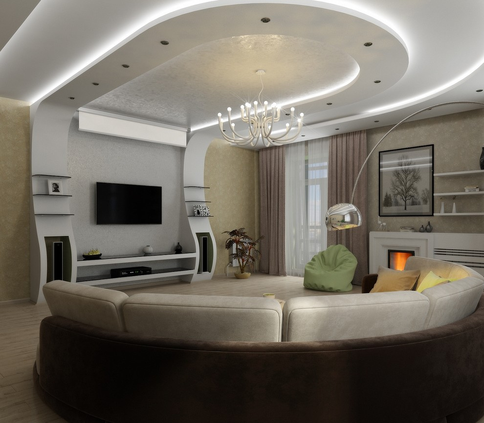 Современная квартира с большим круглым диваном