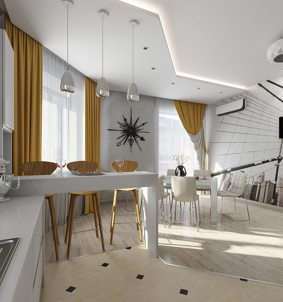 Современная квартира с большим круглым диваном