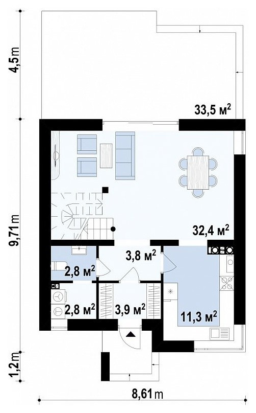 Классический двухэтажный коттедж с фасадами из кирпича.Планировка 1 этажа