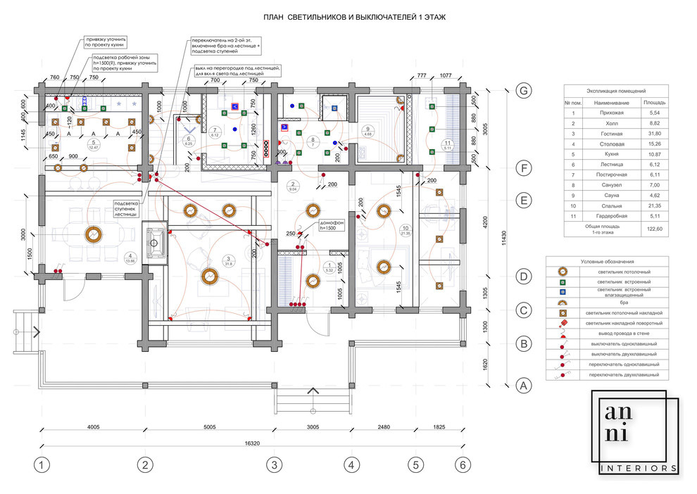 План светильников и выключателей 1 этаж