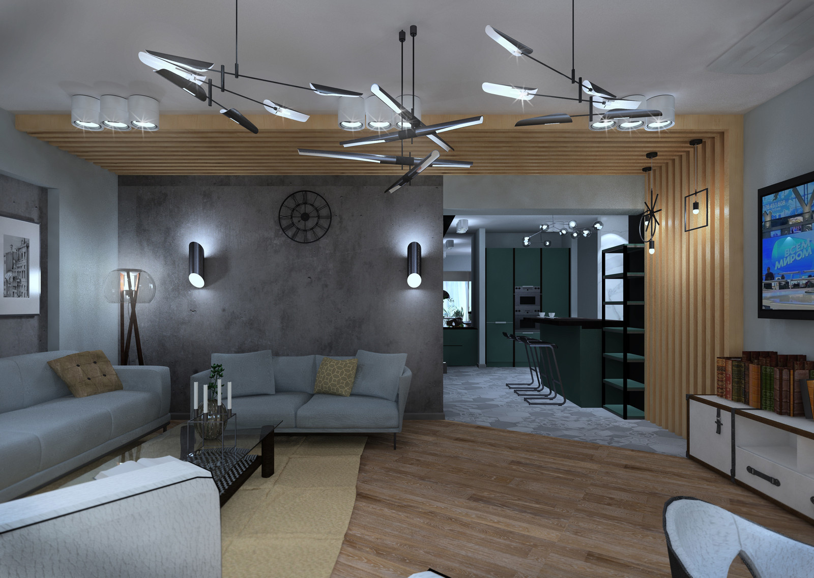 Жилой комплекс "Акватория" (г.Геленджик) гостиная-кухня-прихожая