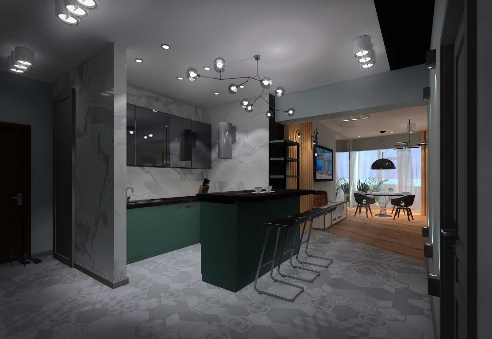 Жилой комплекс "Акватория" (г.Геленджик) гостиная-кухня-прихожая