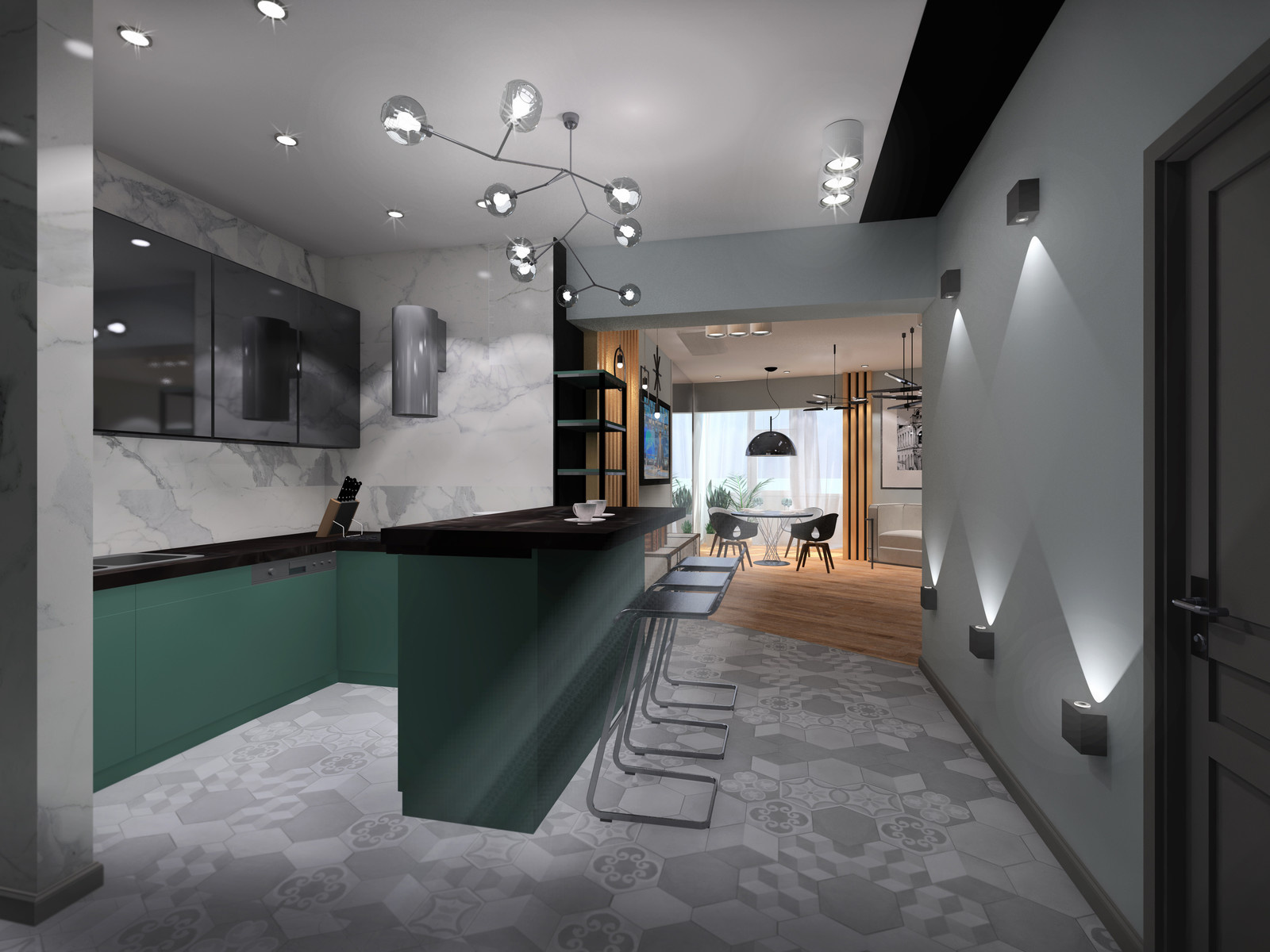 Жилой комплекс "Акватория" (г.Геленджик) гостиная-кухня-прихожая