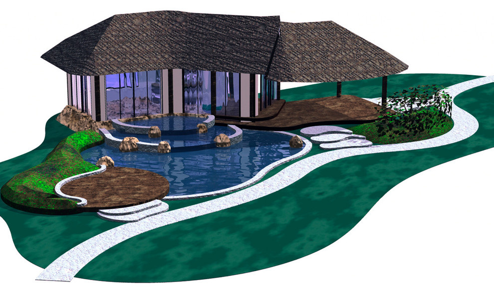 Павильон с соломенной крышей и сад у реки