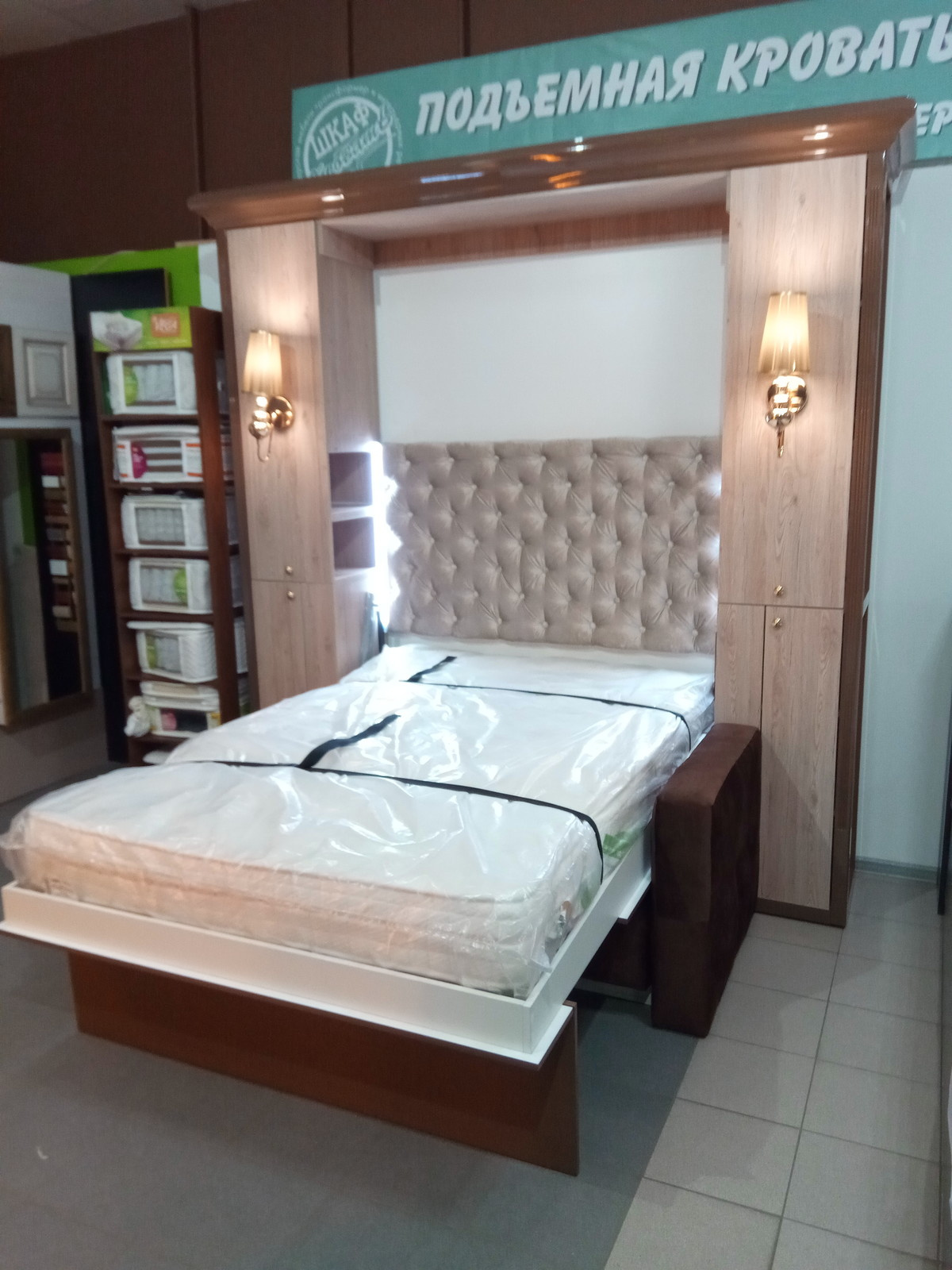 подъемная кровать с колоннами и декором "ясень средиземноморский"