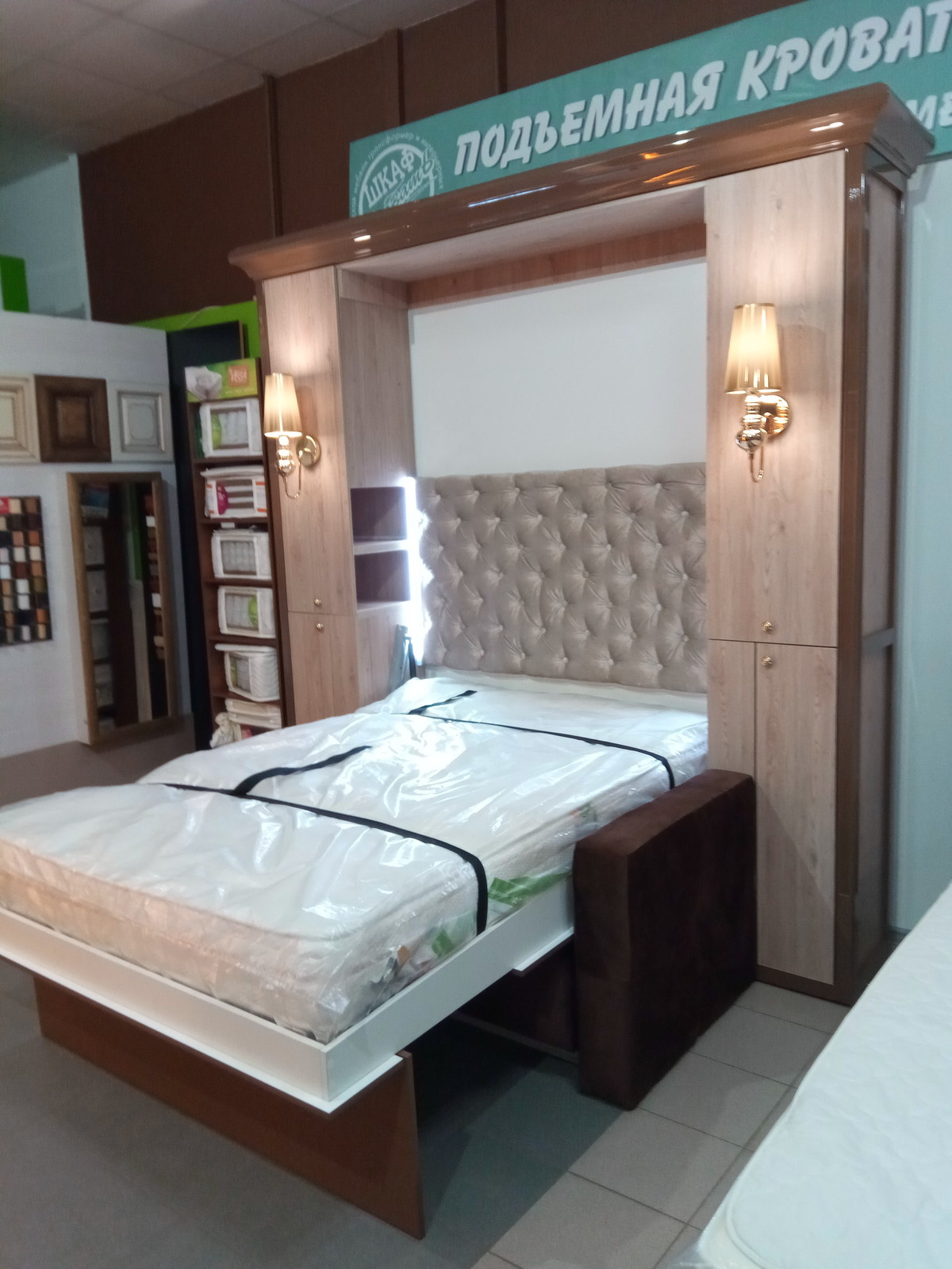 подъемная кровать с колоннами и декором "ясень средиземноморский"