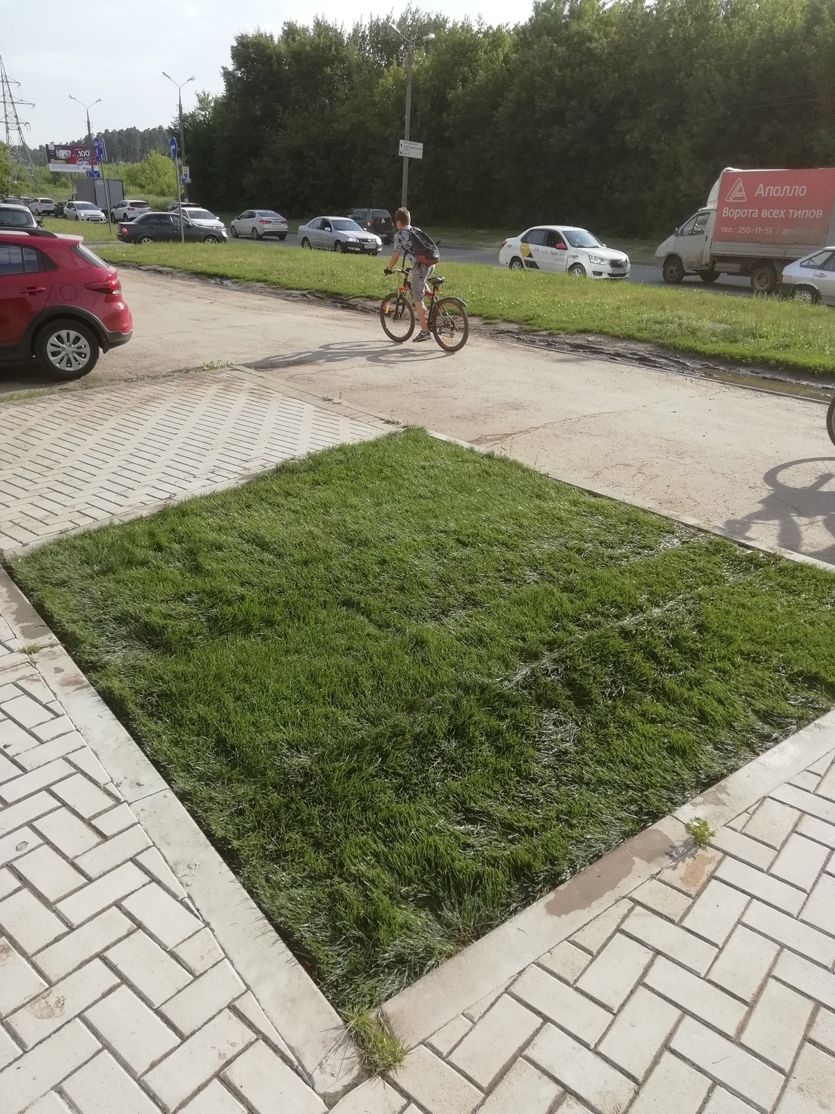 Укладка рулонного газона возле кафе-бистро ЛюБлины
