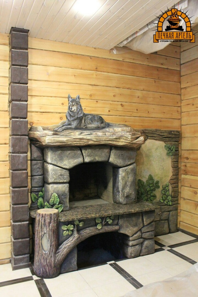 Камин "Лесной" с открытой топкой и отделкой лепниной