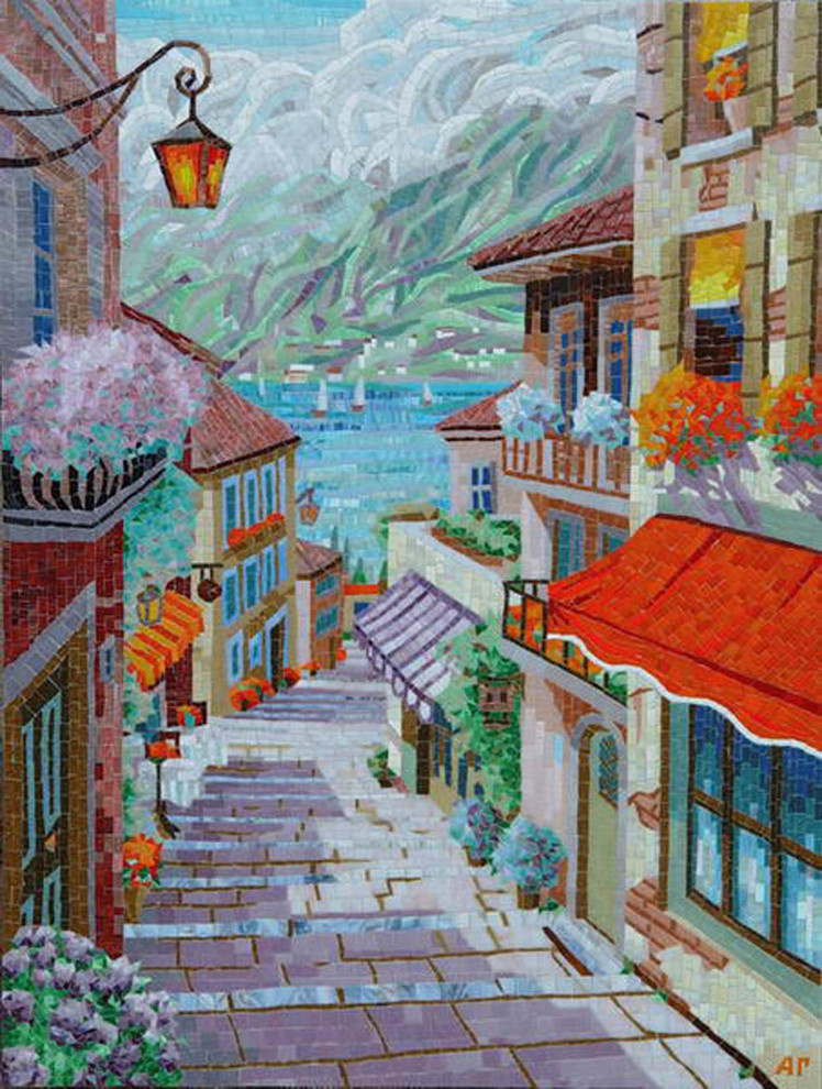 Колотое панно из мозаики - "Средиземноморье-улочка"