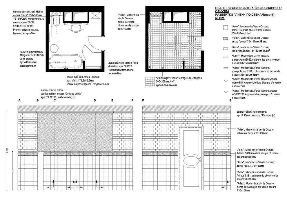 Развертки стен ванной комнаты с экспликацией