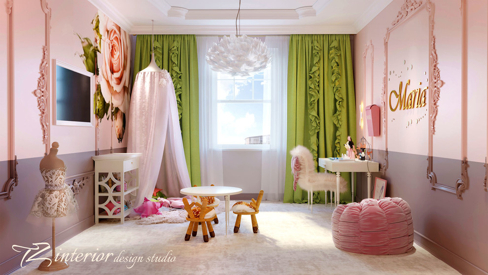 Pretty pink little girls' room. Here the different patterns and art work give th