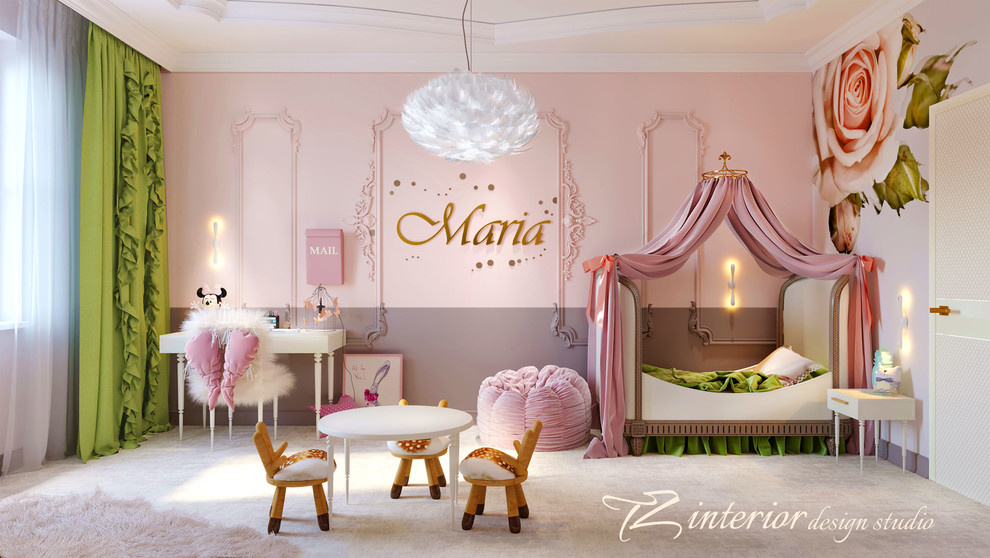 Pretty pink little girls' room. Here the different patterns and art work give th