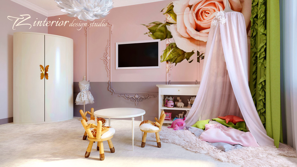Pretty pink little girls' room. Here the different patterns and art work give th