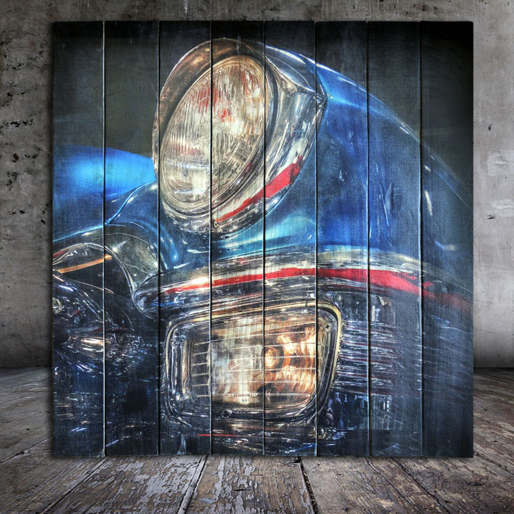 Картина на досках "Синий ретро автомобиль"