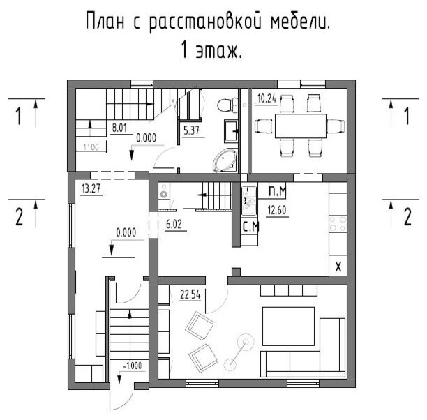 План с расстановкой мебели на 1 этаже. Проект загородного дома (2 этажа, 160 кв.