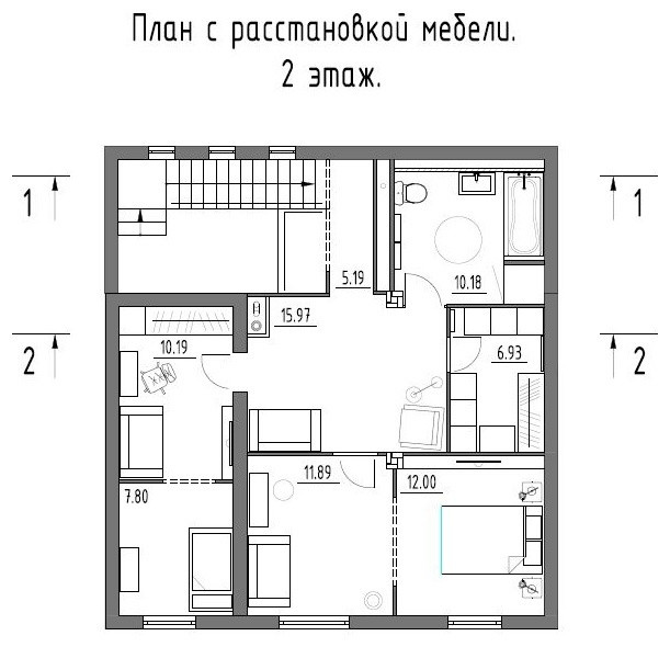 План с расстановкой мебели на 2 этаже. Проект загородного дома (2 этажа, 160 кв.